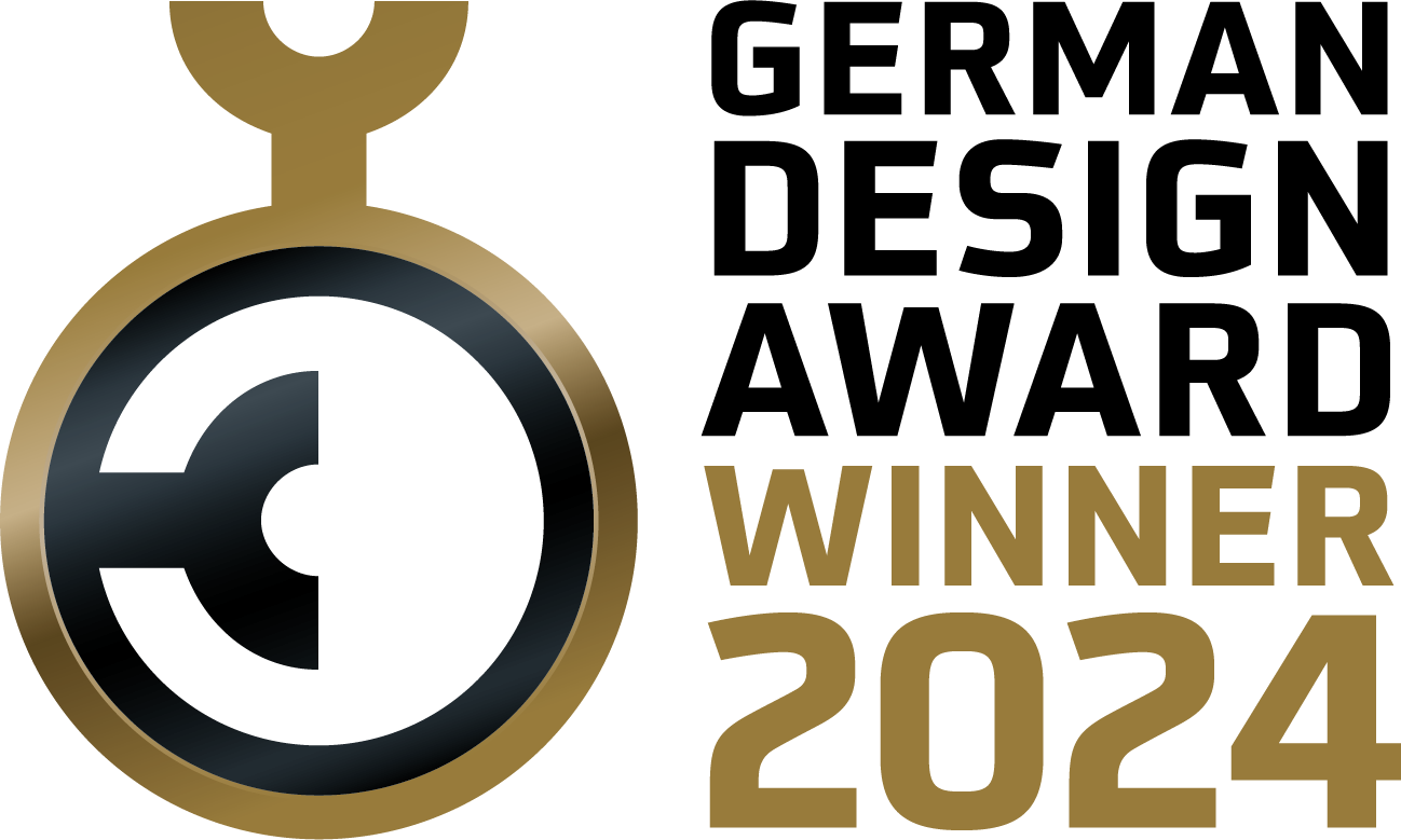 Logo des German Design Award, Gewinner 2024, mit einem stilisierten goldenen und schwarzen Symbol links.