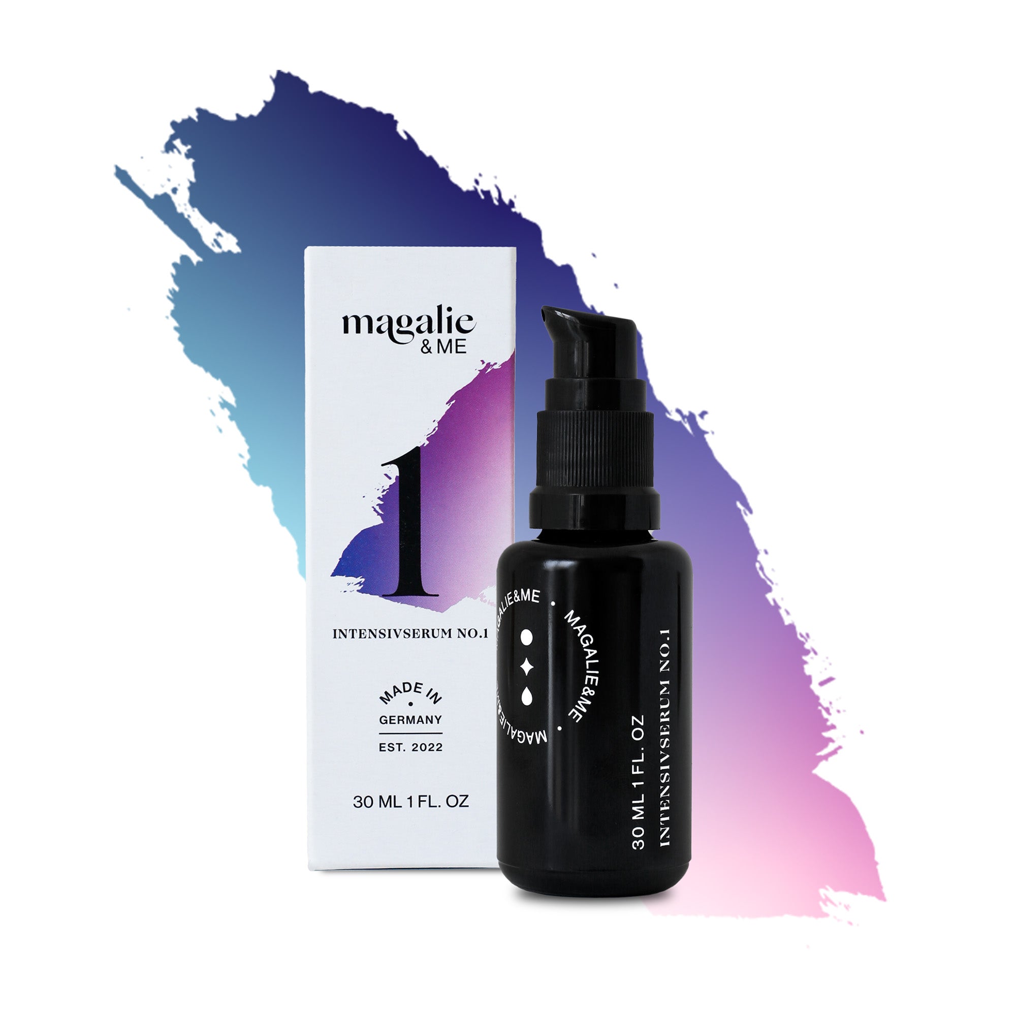Schwarze Flasche von Magalie & Me Intensivserum No.1 vor einer Box mit blau-lila Hintergrundflecken.