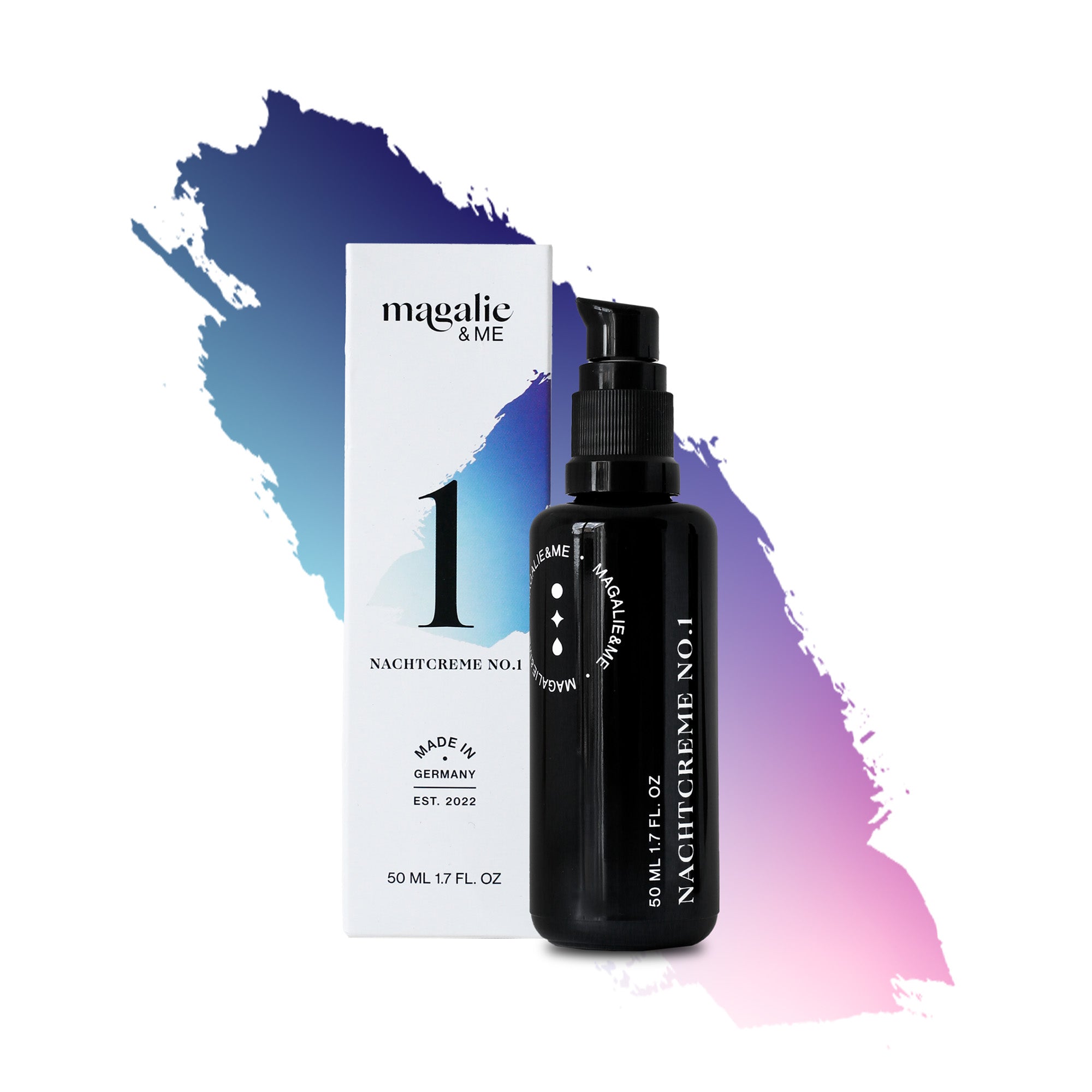 Schwarze Nachtcremeflasche mit Pumpverschluss neben einer weißen Schachtel vor einem blauen und lila Hintergrund.