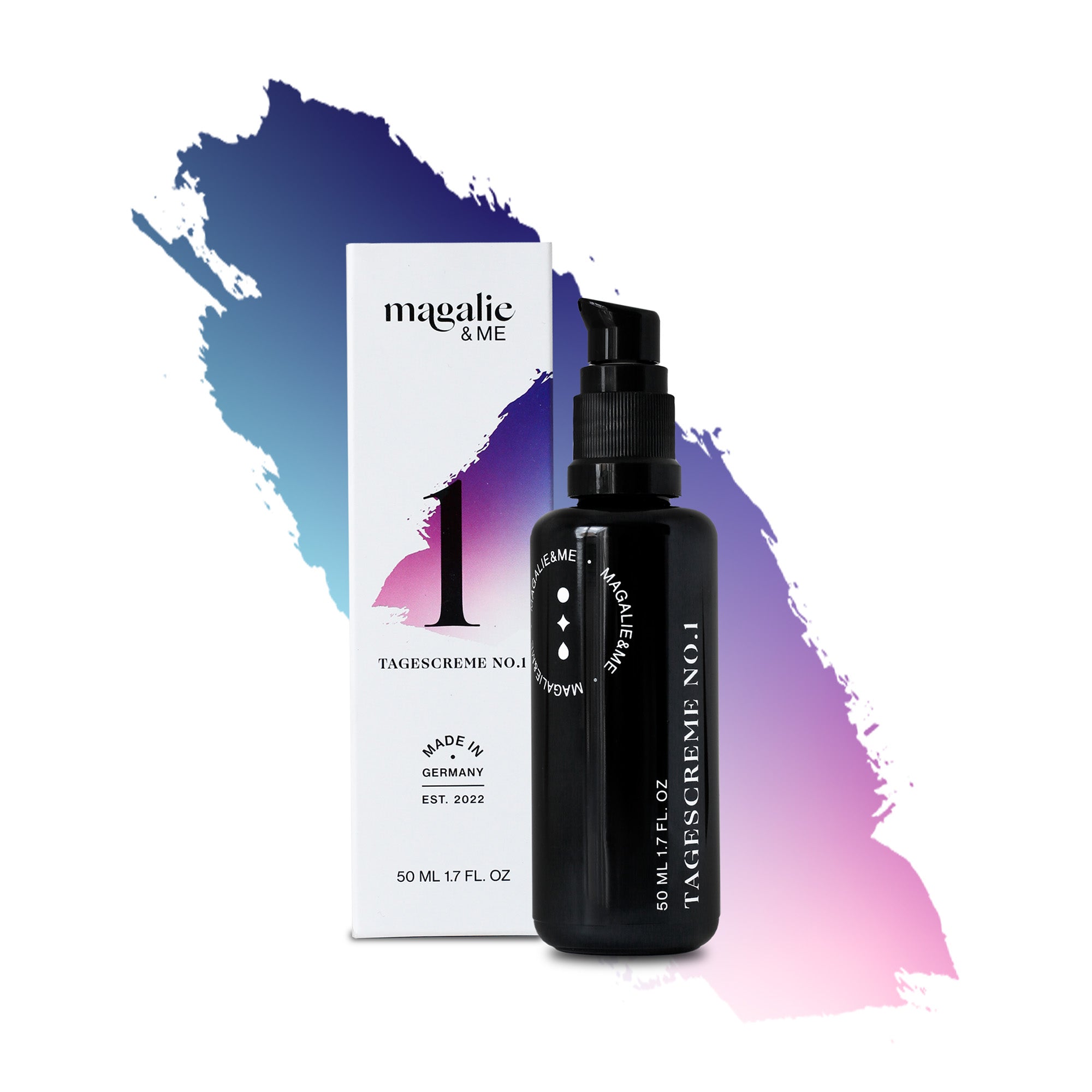 Schwarze Flasche und weiße Schachtel einer Tagescreme mit lila-blaum Hintergrund, Text "MAGALIE & ME", 50 ml.