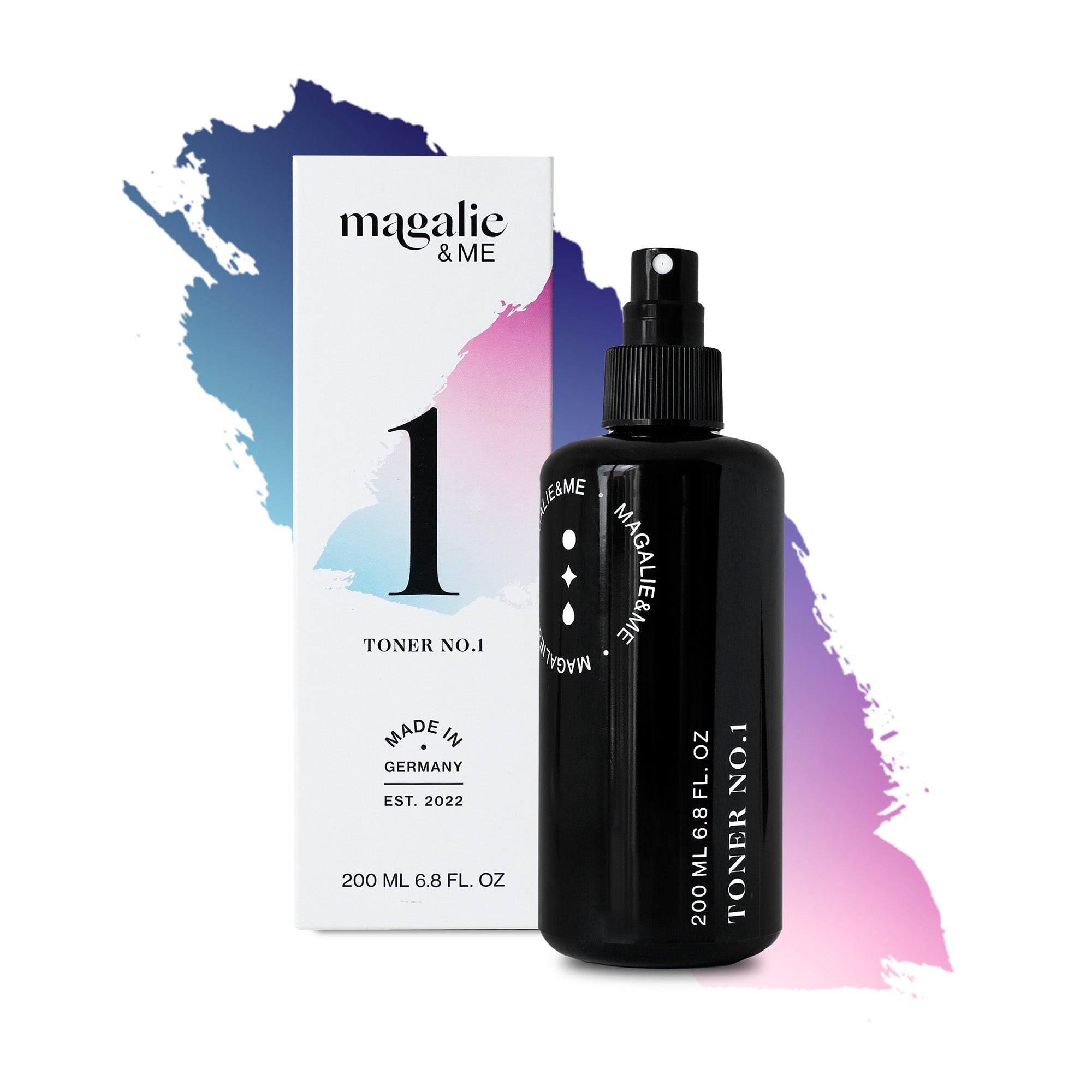 Schwarze Flasche mit Aufschrift „Toner No. 1“ neben einer Schachtel mit Farbverlaufdesign im Hintergrund.